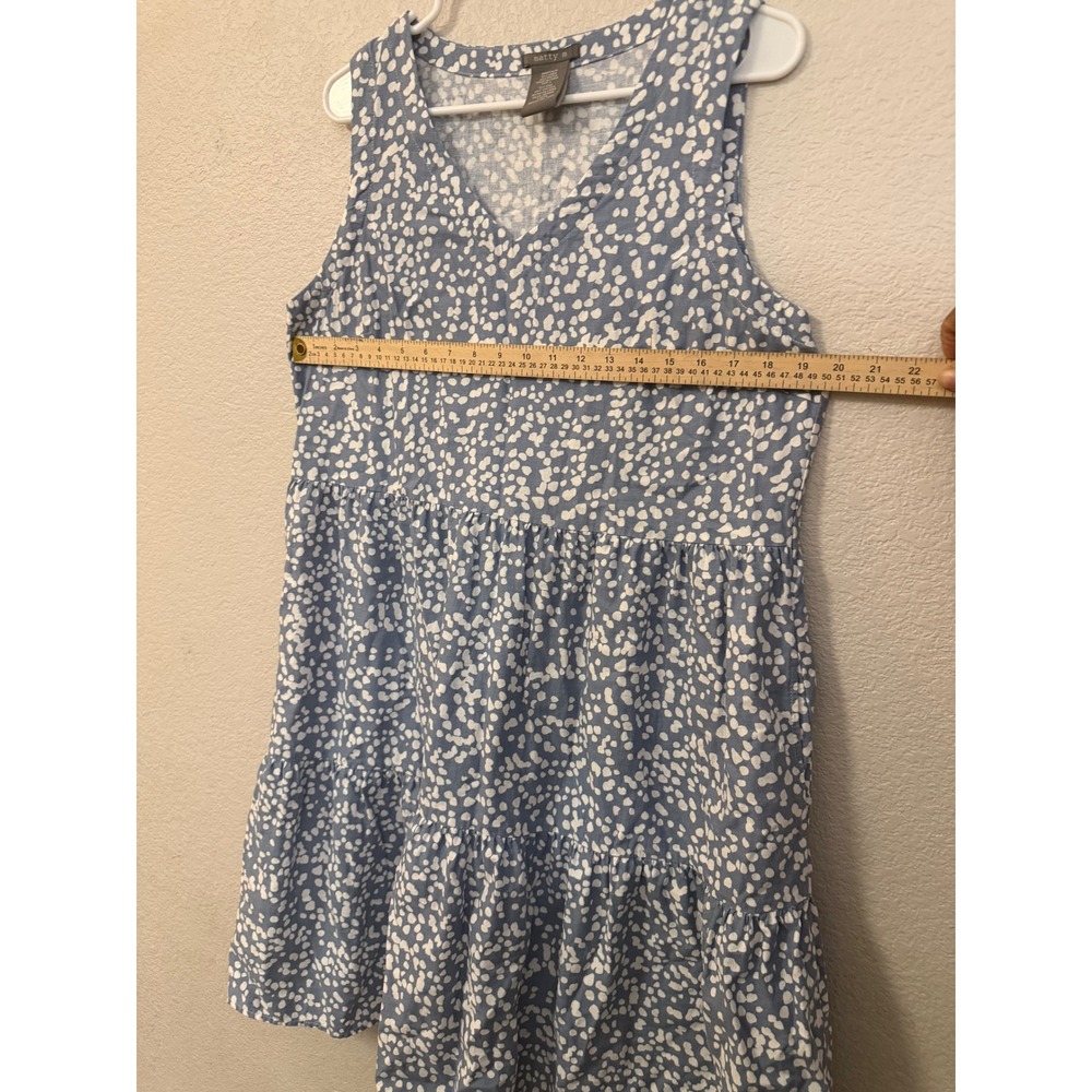 Matty M Blue White Dot Linen Blend Tiered Mini Dress V-Neck Pockets Large MD9210 - Picture 4 of 8